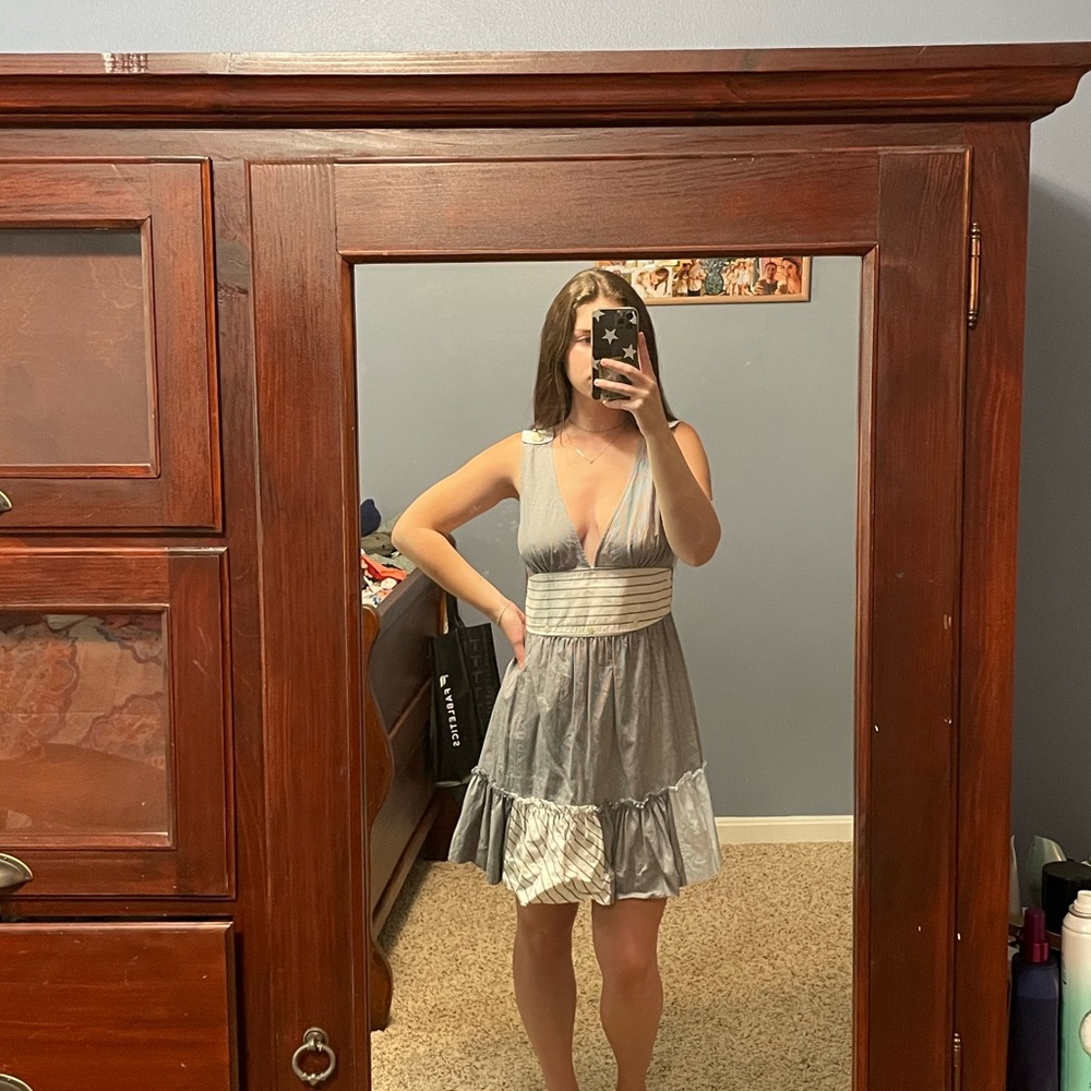 Free People patterned dress with buttons and stitching, deep V